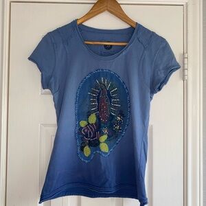 Blue Embroidered Women's Top Double D western wear mother Mary cactus rhinestone